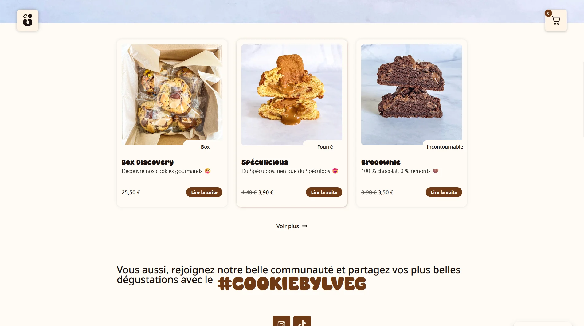Les fiches produits du site Cookie By LVEG : Box Discovery, Spéculicious et Brooownie