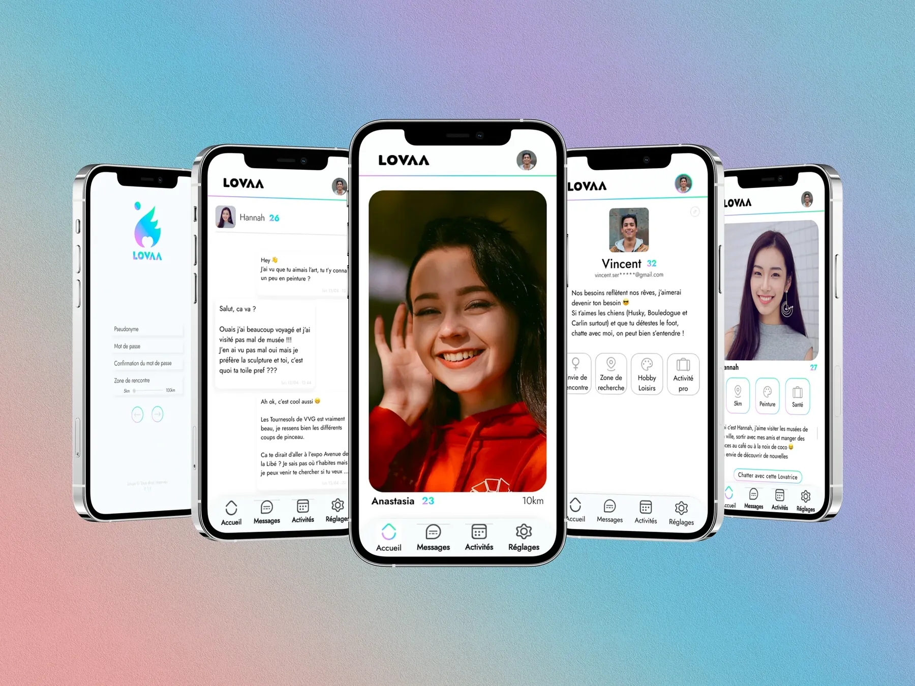 Cinq écrans de l’application Lovaa sur iPhone